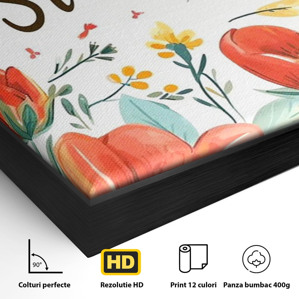 Detaliu al suprafetei: tablou motivational cu flori si soare, in rama de aluminiu negru